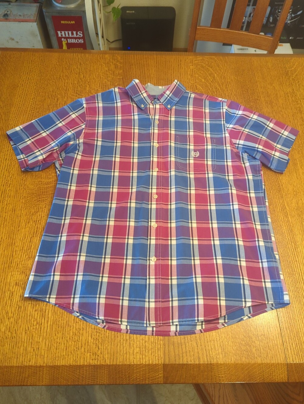 Chaps │ Easy Care │Short Sleeve Button Down │ Blue, Magenta & White │ Size Large
